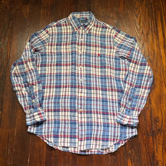 Ralph Lauren Shirt Mens Large Blue White Red Plaid 100% Linen - Picture 2 of 12